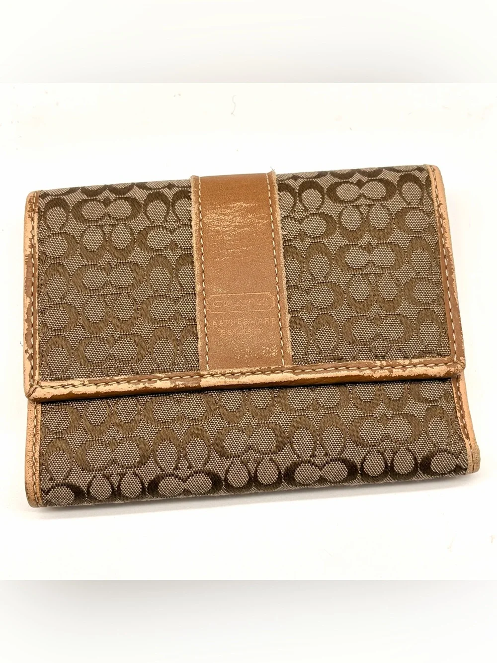 Coach Signature Tan Leather Canvas Card Bifold Wallet Holder Monogram Y2K Small